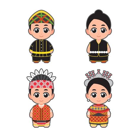 Borneo iban kadazan cute chibi kawaii ch... | Premium Vector #Freepik #vector #malaysia #malaysia-day #malaysian #cute Bangsa Malaysia Cartoon, Doodle Malaysia Madani, Doodle Merdeka Malaysia, Malaysia Culture Illustration, Kebudayaan Malaysia, Traditional Outfits Malaysia, Budaya Malaysia, Malaysia Culture, Malaysian Culture