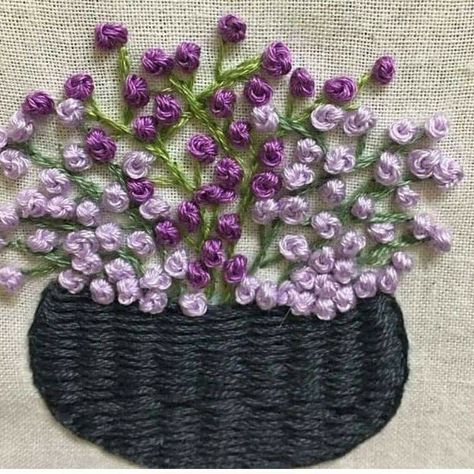 Embroidery Flowers French Knot, Flower Basket Embroidery Design, Embroidery Basket Of Flowers, Frenchnot Embroidery Design, French Knot Flower Embroidery Designs, French Knot Stitch Embroidery Designs, French Knots Embroidery Designs, Overcasting Stitch Embroidery Designs, Basket Stitch Embroidery