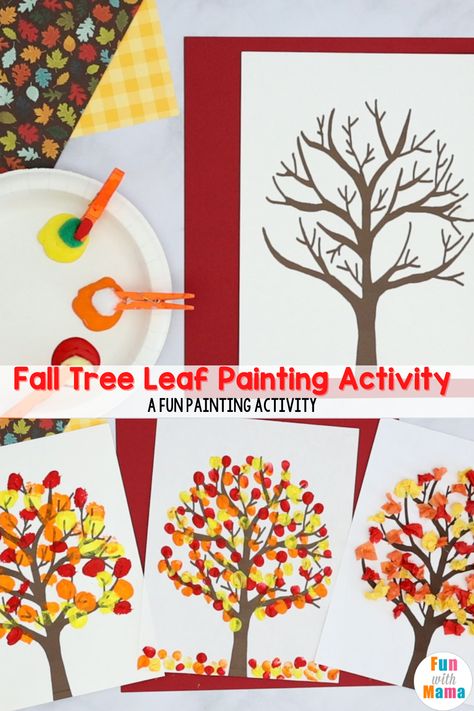 Fall Tree Q Tip Painting, Fall Painting Kindergarten, Fingerprint Fall Tree, Autumn Finger Painting, Qtip Fall Tree Painting, Fall Paint Projects For Kids, Q Tip Fall Tree Painting, Leaf Artwork For Kids, Fall Tree Painting For Kids