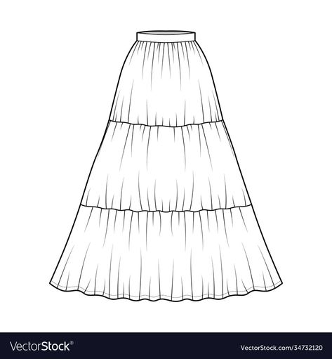 Circular Skirt Illustration, Maxi Skirt Technical Drawing, Flowy Skirt Drawing, Skirts Illustration, Skirt Flat Sketch, Skirts Drawing, Skirt Drawing, Ruffle Long Skirt, Pumpkin Skirt