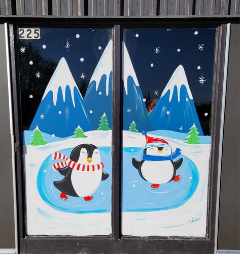 Winter window painting Penguin Window Painting, Winter Wonderland Window Painting, Easy Christmas Window Art, Winter Window Painting, Sunrise Window, Window Paintings, Window Paint, Christmas Window Painting, Christmas Windows