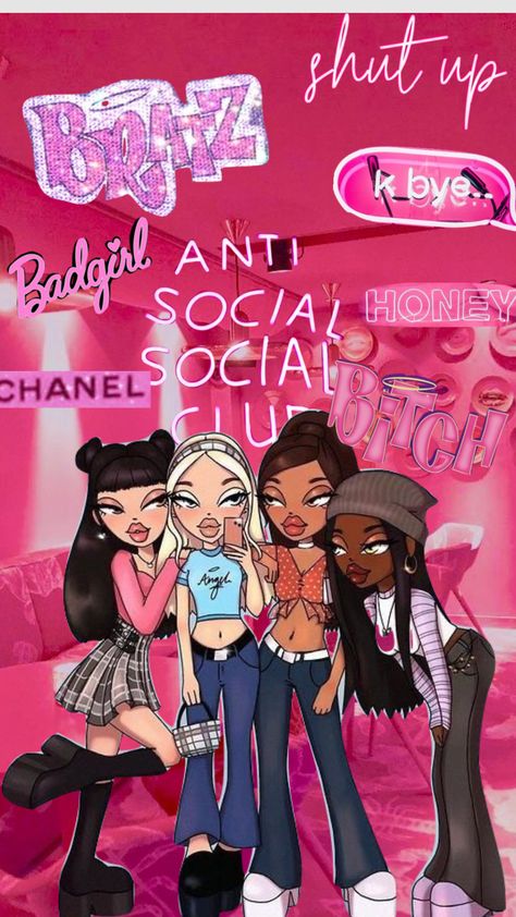 #bratz #love #collage #moodboard #fyp #foryou #trending Wallpaper Backgrounds Bratz, Bratz Wallpaper Sasha, Bratz Poster Aesthetic, Bratz Collage, Bratz Doll Poster, Bratz Collage Wallpaper, Kidcore Aesthetic Wallpaper, Bratz Aesthetic, Collage Moodboard