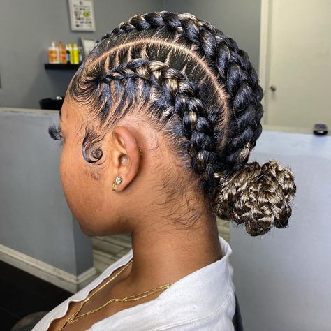 LA’s Finest Stitch Artist on Instagram: “4 braids into bun with color” Stitch Braids In A Bun, Braids And Buns Hairstyles, Stitch Braids Into Bun, Braids In A Bun, Boho Bun, Four Braid, Bday Hair, Braided Buns, 4 Braids