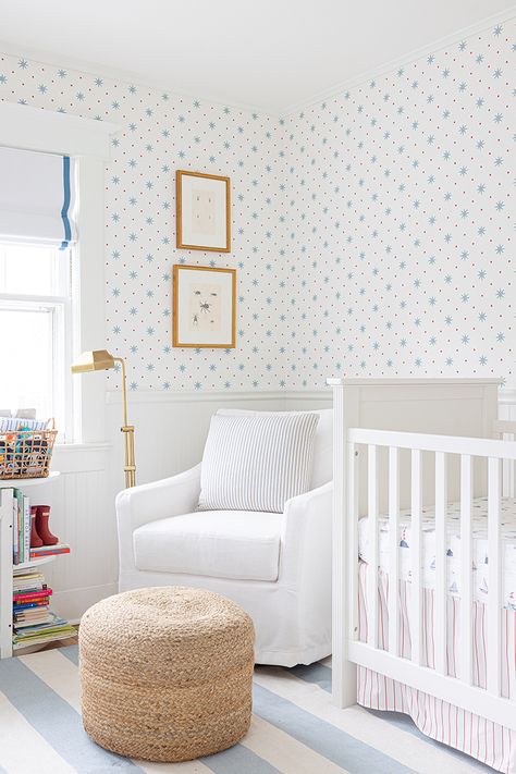 Small Classic Nursery, Traditional Nursery Boy, Boys Nursery Wallpaper, Boy Nursery Wallpaper, Nursery Decorating Ideas, Nursery Wallpaper Boy, Calming Coastal, Kid Bedrooms, Blue Nursery Boy