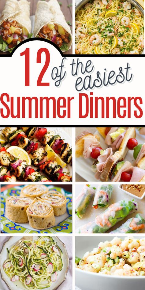 These 12 easy Summer dinner ideas for families are perfect for busy weeknights! Make these easy recipes without heating the house up on those hot summer days. No oven required and these go together in no time. #Weeknightrecipes #easydinners #simpledinners #noovenmeals #easyrecipes Dinner For House Guests, Recipes For Hot Days Summer, Dinner Ideas For Summer Nights, Rainy Summer Dinner Ideas, Summer Dinner Ideas Stovetop, Lite Summer Dinner Recipes, Cool Dinners For Hot Days, Food For Hot Days, No Oven Dinners