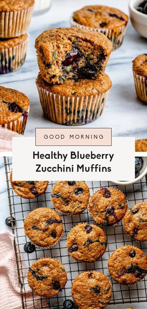 Healthy blueberry zucchini muffins packed with both fruits & veggies and made extra moist thanks to zucchini and applesauce! These easy blueberry zucchini muffins are naturally sweetened with pure maple syrup instead of sugar, making them taste just like a blueberry pancake. Great for snacking & freezer-friendly, too! Vegan Zucchini Muffins, Blueberry Zucchini Muffins, Zucchini Muffins Healthy, Blueberry Zucchini, Zucchini Chocolate Chip Muffins, Date Syrup, Ambitious Kitchen, Vegan Zucchini, Healthy Zucchini