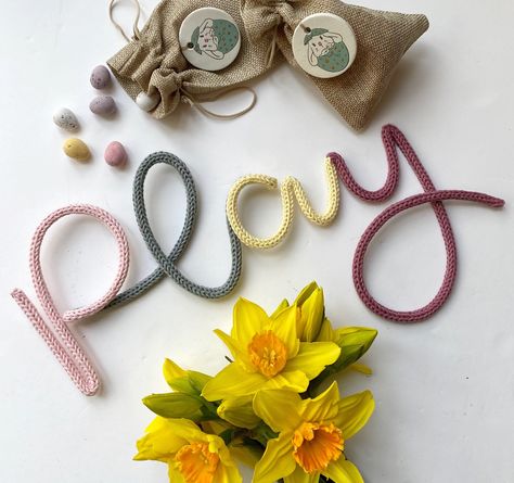 Knitted Words, Knitted Wire Words, Knitted Crafts, Wire Words, Wire Sign, Playroom Signs, Playroom Bedroom, Knitted Wire, Wire Diy