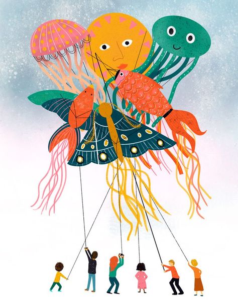 Kites Illustration, Kite Illustration, Flying Kites, Kite Designs, Kite Festival, Cloth Dolls Handmade, Summer Illustration, Kite Flying, Group Of People