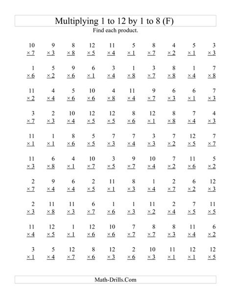 The 100 Vertical Questions -- Multiplying 1 to 12 by 1 to 8 (F) Math Worksheet Subtraction Facts Worksheet, Free Printable Multiplication Worksheets, Basic Math Worksheets, Multiplication Practice Worksheets, Free Multiplication Worksheets, Printable Multiplication Worksheets, Multiplication Facts Worksheets, Math Multiplication Worksheets, Math Facts Addition