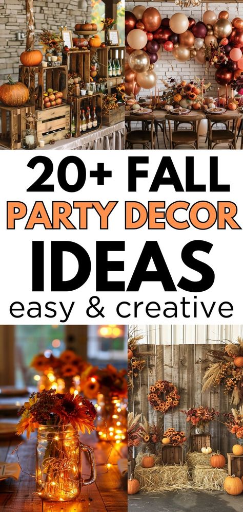 Amazing fall party decor ideas for your next fall party. Whether you are having an outdoor fall event or an indoor dinner party, these fall decoration ideas are sure to inspire. Fall home decor, fall party decor, even ideas for fall party gifts that can also be decorations. You will find it all! Rustic Fall Party Ideas, Fall Retirement Party Decorations, Fall Party Decorating Ideas, Fall Bbq Party Decorations, Autumn Dance Decorations, Fall Potluck Decoration Ideas, Autumnal Party Decor, Elegant Fall Party Decor, Fall Womens Conference Decor