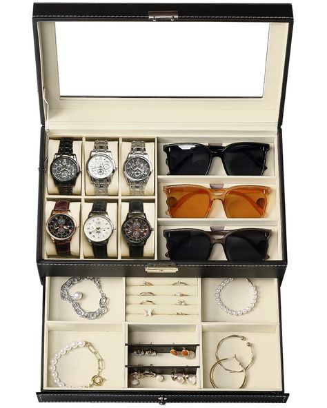 PRICES MAY VARY. ⌚【Large Capacity with 2 Layers】This 2-tier watch box measures 13.1IN*7.8IN*5.1IN（L*W*H), watch case organizes almost suitable to all sizes of watches, with a spacious second drawer storage and orgainze for extra jewelry and other miscellaneous items such as cufflinks, earrings, rings, bracelets, pocket knives or niches.Sunglass organizer storage realize the desire of large-capacity, multi-category storage, easy to organize a variety of accessories ⌚【Multifunctional Usage】The wat Sunglass Organizer, Watch Box For Men, Extra Jewelry, Sunglasses Organizer, Watch Display Case, Mens Watch Box, Jewelry Tray Organizer, Watch Cases, Watch Organizer