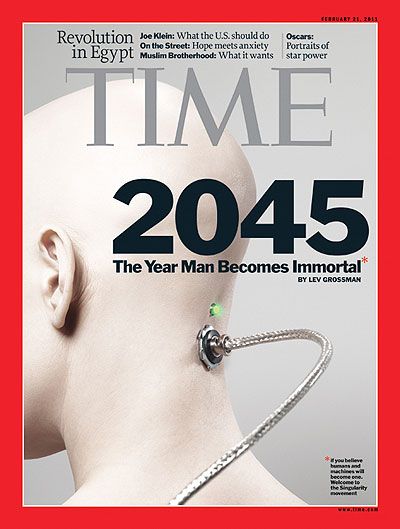 This is a cover of Time magazine where they talk about the theory of singularity. The singularity theory of technology believes that computer intelligence will surpass the human intelligence, and is believed will happen within 25 years. http://content.time.com/time/covers/0,16641,20110221,00.html Technological Singularity, Ray Kurzweil, Post Human, Tv Sport, Use Of Technology, Future Tech, Tech Innovation, Time Life, Ex Machina