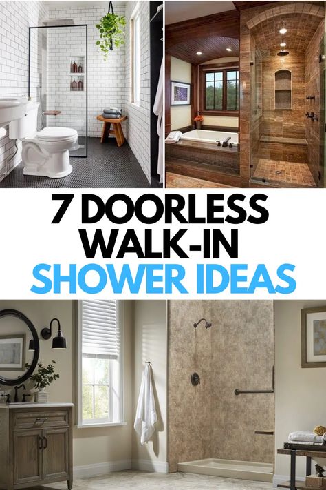 Seven Master Bathroom Doorless Walk-In Shower Ideas - Bluehomediy Minimalist Shower Design, Walk In Doorless Shower Ideas, Walkin Shower Ideas No Door, Doorless Showers Walk In Master Bath, Doorless Showers Walk In, Curbless Shower Ideas, Walk In Shower No Door, Open Bathroom Concept, Glass Corner Shower