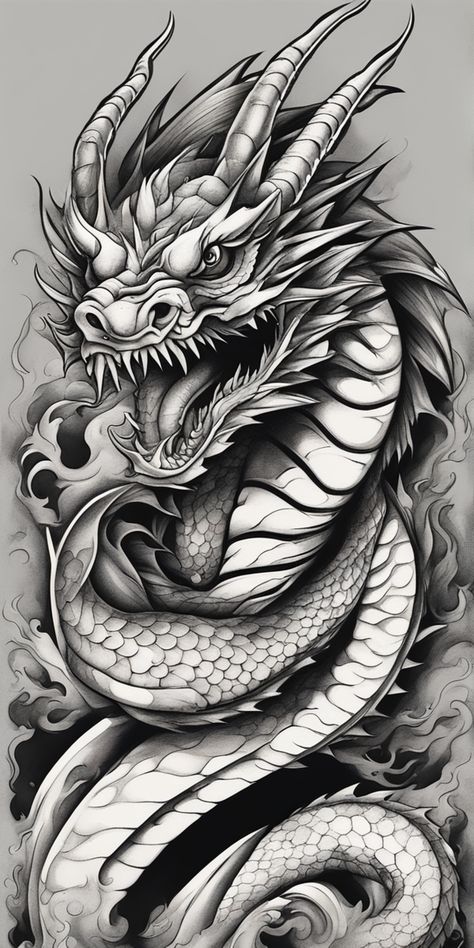 This is an image of a black and grey dragon tattoo design. The fierce and intricate dragon image brings an intense presence to the otherwise blank canvas. The style is monochromatic, adding a timeless aesthetics. Golden Dragon Tattoo, Realistic Dragon Drawing, Flying Phoenix Tattoo, Chest Tattoo Stencils, Dragon Tattoo Drawing, Asian Dragon Tattoo, Dragon Tattoo Ideas, Dragon Tattoo Art, Bike Drawing