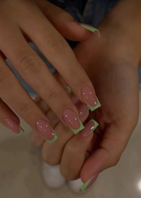 Squared Green Nails, Match Green Nails, Nails For Hoco Green Dress, Sage Green Gel X Nails, French Tip Nails With Green Design, Cute Simple Gel X Nails, Lime Green Manicure, Sage Green And Gold French Tip Nails, Green On Green French Tip Nails