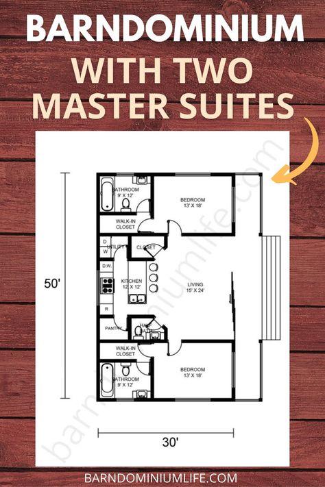 Having a barndominium with 2 master suites can tailor to many different needs. Maybe you have an elderly parent you take care of or a child with special needs. Whatever the case, having 2 master bedrooms may be exactly what you need. Check out these barndominium floor plans with 2 master suites to see which one meets your needs the most. #barndominiumliving #barndominiumfloorplans #barndo Barndominium Floor Plans With Two Master Bedrooms, 2 Master House Plans, Home Plans With Two Master Bedrooms, Barndominium Ideas Small Floor Plans, Small One Story Barndominium Floor Plans, 2 Br Barndominium Floor Plans, Cabin Barndominium Floor Plans, 2 Br Tiny House Floor Plans, 2 Bedroom Addition Plans