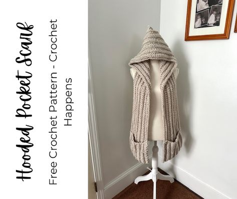 Free Crochet Pattern - Hooded Pocket Scarf - Crocheted using double stranded worsted weight yarn. Braided Fleece Blanket Tutorial, Braided Fleece Blanket, Chunky Scarf Pattern, Scarf Crocheted, Scarves Crochet, Hoodie Scarf, Pocket Scarf, Crocheted Scarf, Pocket Scarves