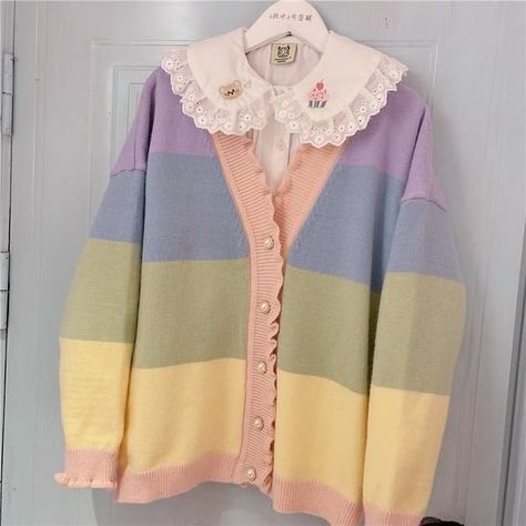 204da255aea2cd4a75ace6018fad6b4ddesc45322855ri Strawberry Fashion, Pastel Kawaii Aesthetic, Aesthetic Rainbow, Rainbow Cardigan, Pastel Kawaii, Style Kawaii, Fashion Vibes, Rainbow Outfit, Pastel Outfit