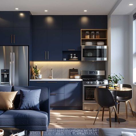 14+ Elegant Studio Kitchen Ideas in Classic Navy Blue • 333+ Art Images Navy Blue Kitchen Cabinets Small Spaces, Studio Kitchen Ideas, Living Room Kitchen Combo, Navy Kitchen Cabinets, Kitchen Countertop Ideas, Black Fridges, Kitchen Flooring Options, Inspiring Lifestyle, Countertop Ideas