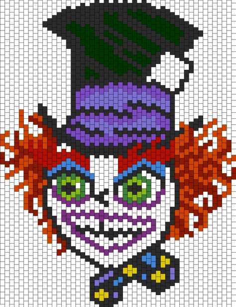 Crazy Mad Hatter bead pattern Mad Hatter Crochet Pattern Free, Mad Hatter Perler Bead Patterns, Alice In Wonderland Perler Bead Patterns, Alice In Wonderland Perler Beads, Perler Bead Cheshire Cat, Beaded Banners, Melty Bead Patterns, Pattern Maker, Kandi Patterns