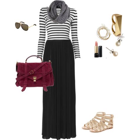 B Striped Long Slv Top + Pleated Black Maxi Skirt + Gray Infinity Scarf + Nude Sandals + Maroon Messenger Bag + Gold & Pearl Accessories Grey Maxi Skirts, Modest Clothes, Winter Inspiration, Gorgeous Outfits, Grey Maxi, Maxi Skirt Outfits, Pearl Accessories, Pretty Fashion, Nude Sandals