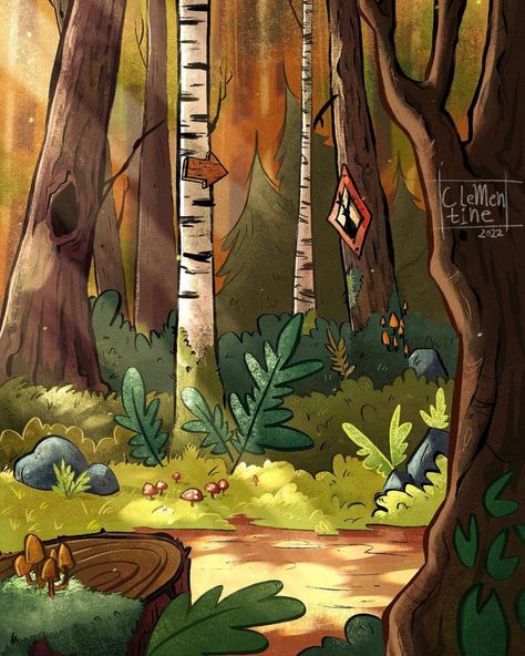 Gravity Falls Forest, Forest Cartoon, Background Painting, Gravity Falls Art, Fall Background, Background Drawing, Illustration Digital, Visual Development, Cartoon Style