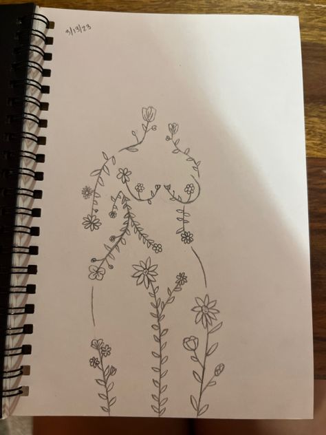 Tattoo Of Woman Body Outline, Woman Outline Tattoo, Women Body Outline Drawing, Body Outline Drawing, Flower Outline Tattoo, Pretty Flower Drawing, Figure Outline, Flower Sketch Pencil, Sketch For Beginners