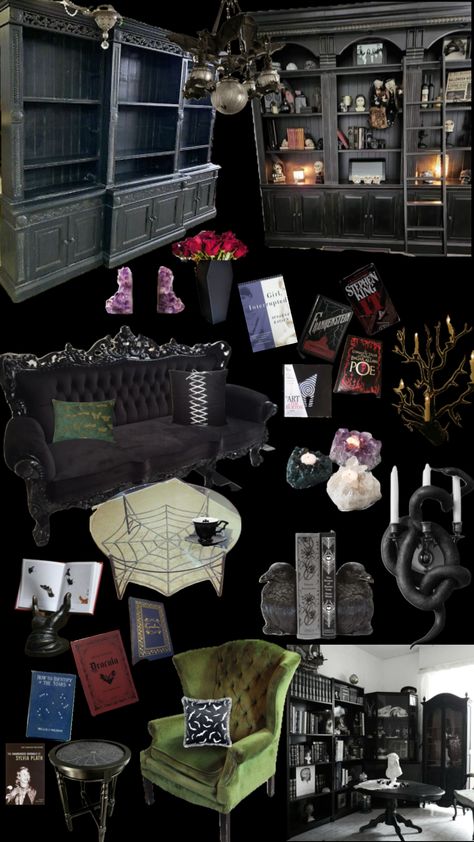 Dream goth library Romantic Goth Room Decor, Gothic Library Room, Goth Classroom, Goth Library, Gothic Library, Goth Room Decor, Dream Library, Library Room, Goth Home