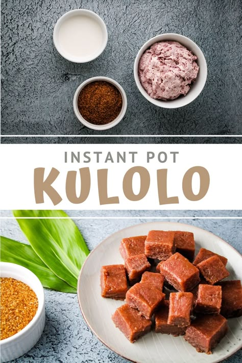 Kulolo or taro pudding is a classic Hawaiian dessert. Warm, chewy, rich, dark brown pieces of yummy goodness made easily in the comfort of your home using an Instant Pot. This will be sure to please all your sweets and dessert loving family and friends. Hawaiian Instant Pot Recipes, Pastele Stew Recipe Hawaii, Kulolo Recipe Hawaiian Desserts, Taro Pudding, Hawaii Desserts, Hawaiian Dessert Recipes, Hawaiian Dessert, Taro Recipes, Ono Kine Recipes