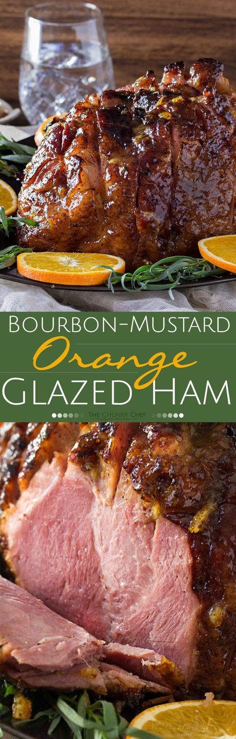 Bourbon Mustard Orange Glazed Ham | Sticky, sweet, tangy, and full of flavor... this bourbon mustard and orange glazed ham is one that you'll be happy to have as the star of your holiday meal! | http://thechunkychef.com Bourbon Mustard, Orange Glazed Ham, The Chunky Chef, Chunky Chef, Glazed Ham, Mustard Orange, Pork Ham, Ham Glaze, Baked Ham