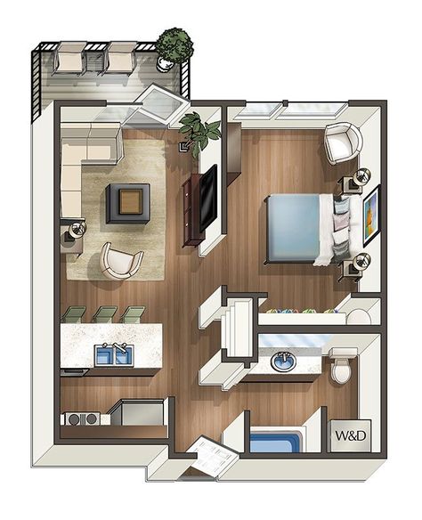 1 Bed 1 Bath Floor Plan 2 Small Apartment Layout, Small Apartment Plans, Studio Apartment Floor Plans, Condo Floor Plans, Studio Floor Plans, House Floor Design, Small Apartment Design, Apartment Floor Plans, Sims House Plans