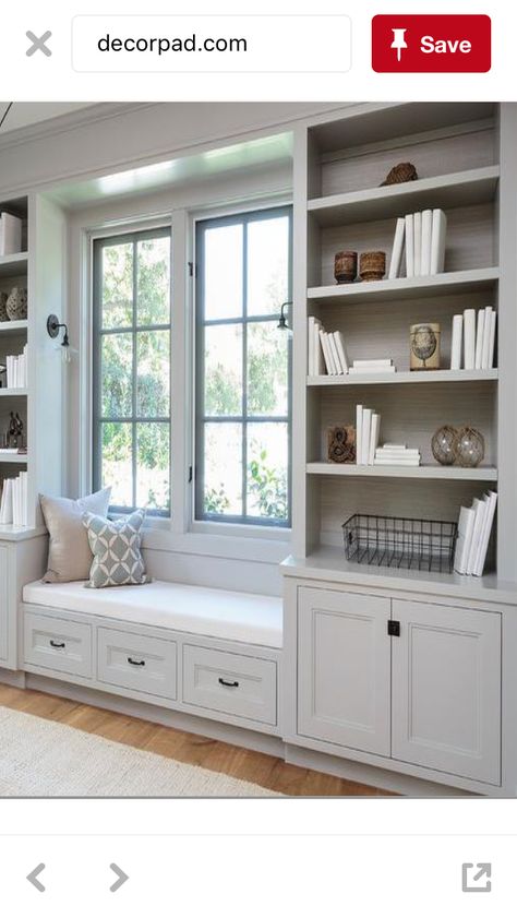 Storage Around A Window, Window Bench Built In Shelves, Small Corner Nook Ideas Living Room, Bookcases Around Window Living Room, Bookshelves By Window, Multi Functional Guest Bedroom Ideas, Built In Shelves Window, Built Ins Around A Window, Built Ins Between Windows