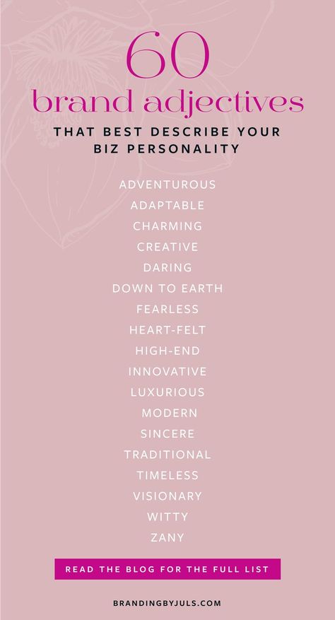 60 brand adjectives that best describe your business personality listed on a pink background Brand Personality Adjectives, Business Adjectives, Beautiful Adjectives, Brand Adjectives, Personality Examples, Fashion Adjectives, Personality Words, Personality Adjectives, Personality Archetypes