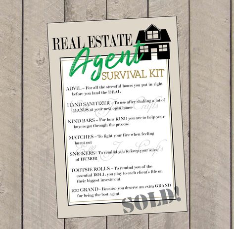 "This listing is for a CUSTOMIZED version of our Real Estate Agent \"Survival Kit\" Gift Labels. Great for those special agents you know in this tough market.   Once you checkout your file we will begin working on your file. Once completed we will email you that PDF for you to print.  SIZE There are 2 cards of each color per page on a 8.5 x 11 page Each card is 5x7 in size We can do other colors customized to match your company- just use the listing that says CUSTOMIZED in the tile. We can inclu Cheerleading Team Gifts, Realtor Marketing Gifts, Mason Jar Party Favor, Mason Jar Party, Dance Team Gifts, Survival Kit Gifts, Pixie Sticks, Kind Bars, Real Estate Gifts