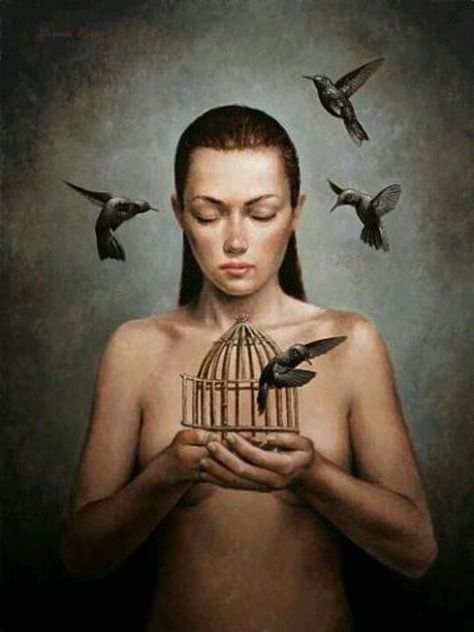 I often repeat, "The sociopath needs us; we do not need the sociopath." But the sociopath tries really, really hard to convince you of the opposite. It's part of the mind control, mind warping prac... Christian Schloe, Desenho Tattoo, Pop Surrealism, Visionary Art, Human Figure, Surreal Art, Bird Cage, Figurative Art, Bird Art