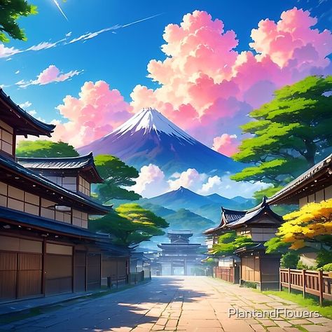 Gunung Fuji, Sakura Petals, Chinese Village, Village Street, Village Landscape, Japanese Village, Fuji Mountain, Mountain Background, Japanese Sakura