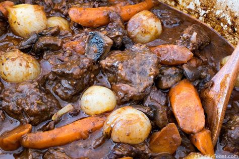 Beef Bourguignon - A Family Feast® Beef Bourginon, Perfect Grilled Burgers, Family Feast Recipes, Beef Bourguignon Recipe, Roasted Garlic Aioli, Classic Beef Stew, Classic French Dishes, Beef Bone Broth, Cooked Carrots