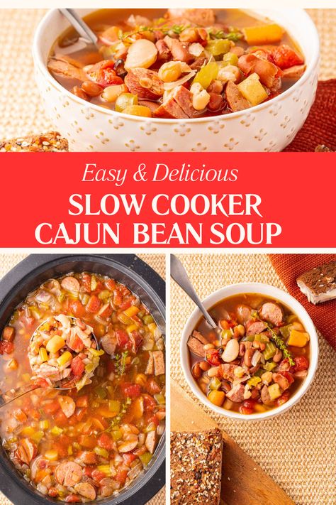 This Slow Cooker 15 Bean Cajun Soup is a super flavorful, hearty crockpot soup recipe that is filling and nutritious. It is easy on your budget and makes plenty of delicious leftovers. Cajun Vegetable Soup, Cajun Bean Soup, Cajun Soup, Bean Soup Crockpot, Slow Cooker Cajun, 16 Bean Soup, Navy Bean Soup, 15 Bean Soup, Crockpot Soup