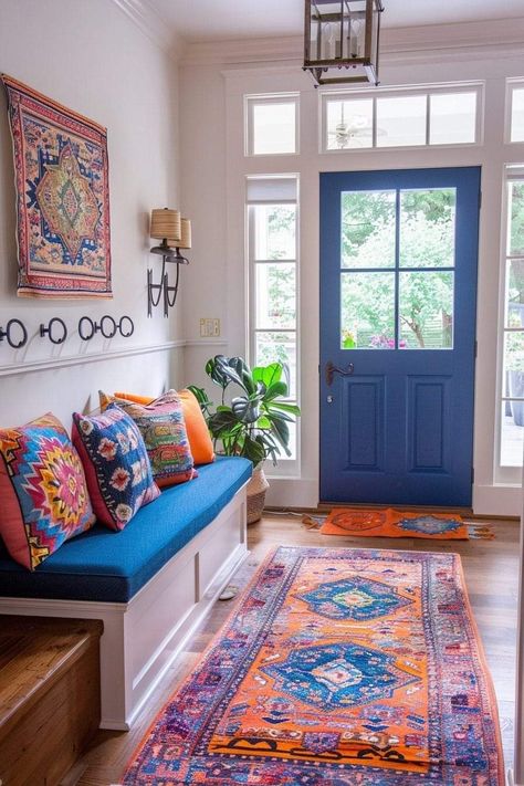 Bright Wall Colors, Vestibule Ideas, Boho Entryway Ideas, Boho Hallway, Boho Entryway, Front Hallway, Casa Interior, Mudroom Decor, Boho Style Decor