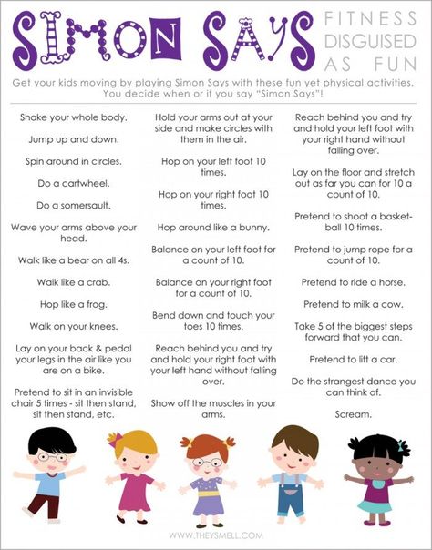 Simon Says | Fitness Disguised as Fun Gym Games For Kids, Kids Fitness, Free Printable Activities, Gross Motor Activities, Movement Activities, Kids Yoga, Active Kids, Brain Breaks, Circle Time