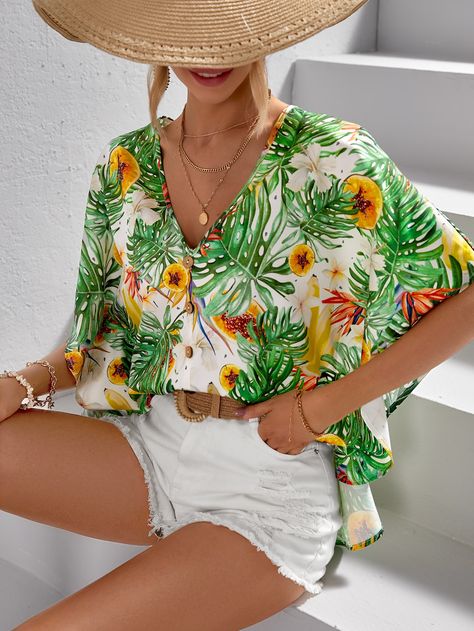 SHEIN VCAY Tropical Print Batwing Sleeve Blouse Island Outfits Tropical, Tropical Print Outfit, Hawaiian Outfit Women, Tropical Cruise, Tropical Top, Beach Blouse, Tropical Outfit, Batwing Sleeve Blouse, Summer Items