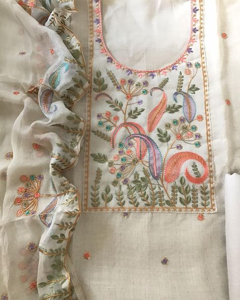 Product Details - Soft linen jute cotton embroidered top with pure chiffon embroidered stole style dupatta and pure cotton silk bottom Embroidered Cotton Top, Silk Bottoms, Pure Chiffon, Embroidered Top, Cotton Silk, Neck Designs, Embroidery Patterns, Pure Cotton, Chiffon