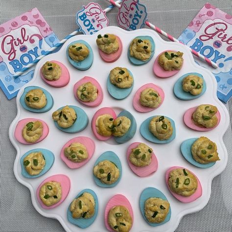 Gender Reveal Deviled Eggs Recipe, Gender Reveal Deviled Eggs, Pink And Blue Deviled Eggs Gender Reveal, Easter Egg Gender Reveal, Gender Reveal Easter, Easter Gender Reveal Party, Gender Reveal Food, Easter Gender Reveal, Easter Egg Stuffers