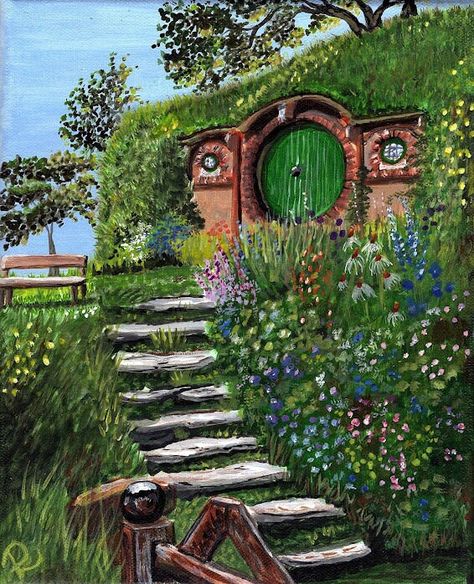 Bag End Painting, The Shire Bilbo House, Hobbit Hole Painting Watercolor, The Shire Lord Of The Rings, Hobbit Hole Painting Acrylic, The Shire Drawing, The Shire Illustration, Shire Paintings, Hobbit House Art