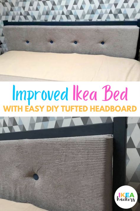 I am an interior designer and I love to do things by myself and very often I use IKEA products.This time, I made a tufted headboard for the bed in my son’s room. We moved to new apartment and I had to furnish the rooms for all of my three kids.I wanted nice interiors for all of them, but at the same time we could not spend too much. Improved IKEA bed with easy DIY tufted headboard - IKEA Hackers Ikea Wooden Bed, Ikea Fjellse, Ikea Twin Bed, Headboard Hack, Twin Beds For Boys, Ikea Headboard, Ikea Bed Frames, Diy Tufted Headboard, Easy Diy Home Projects