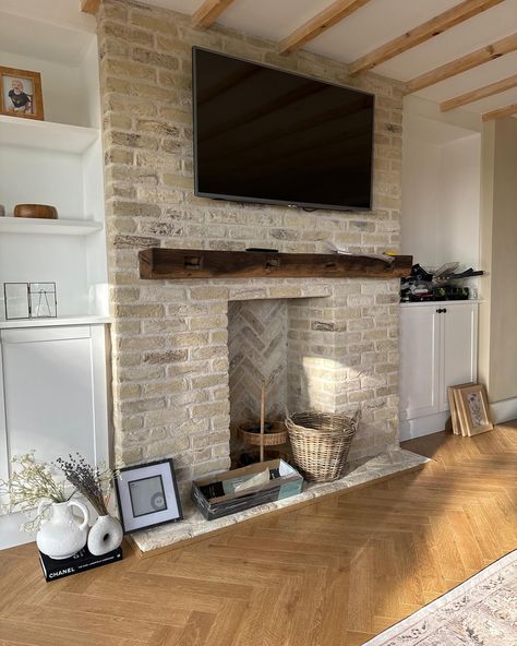 A beautiful chimney breast with blend 10 and white mortar to bring a room to life, what a marvellous feature. . #brickslips #interiors #interiordesign Slip Brick Fireplace, Brick Slip Fireplace, Brick Wall Accent Living Room, Exposed Brick Chimney Breast, Over Grouted Brick, Chimney Wall Ideas No Fireplace, Fake Chimney Breast, Chimney Breast Ideas Living Room, Brick Slips Fireplace