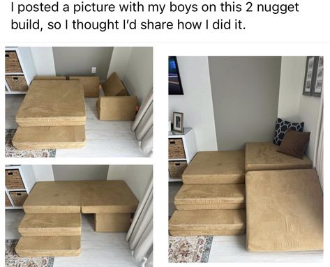 2 Couch Nugget Builds, Nugget Maze Build, 2 Nugget Builds, Nugget Builds Three, Two Nugget Builds, Nugget Couch Pirate Ship, 1 Nugget Couch Ideas, Mommy Hacks, Indoor Playroom