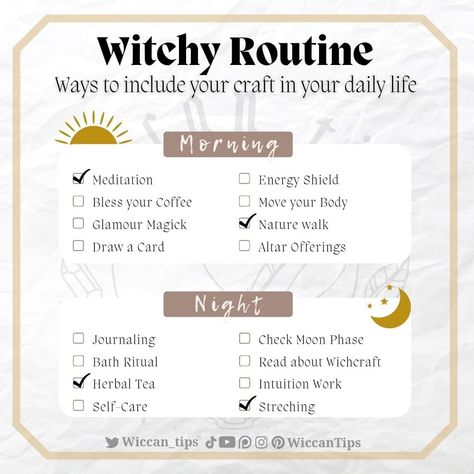 Witchy Daily Routine, Daily Wiccan Routine, Witchy Self Care Routine, Witchy Information, Witchy Content Ideas, Witch Night Routine, Witchy Night Routine, Witchcraft Routine, Witch Morning Routine Ideas