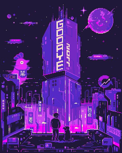 Space Fantasy on Behance Cyberpunk Tower, Pixel Cyberpunk, Space Fantasy, Illustration Ideas, Neon Purple, Retro Illustration, Neon Lights, Cyberpunk, Tower