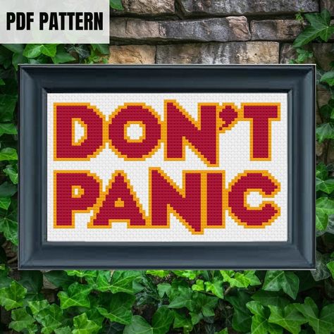 Don't Panic | Hitchhiker's Guide to the Galaxy | Counted cross stitch chart | PDF download Dont Panic, Hitchhiker's Guide To The Galaxy, Hitchhikers Guide To The Galaxy, Friendly Letter, Hitchhikers Guide, Guide To The Galaxy, Dmc Floss, Cross Stitch Chart, Cross Stitch Charts